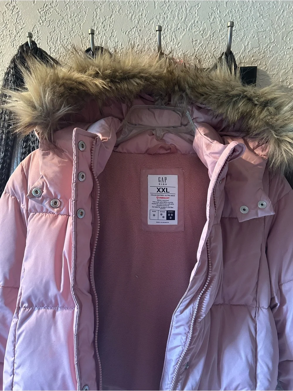 GAP Kids Dusty Pink Long Puffer Coat with Faux Fur Trim